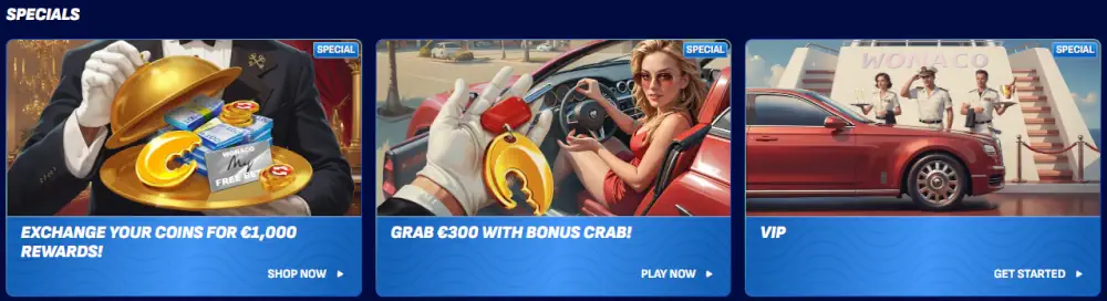Wonaco különleges jutalmak, bónusz rák ajánlatok és VIP program áttekintés